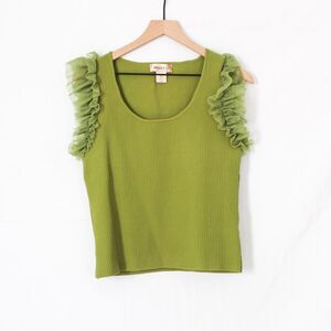 Bailey 44 Green Ribbed Tank Top Tulle Ruffle Shoulder Detail Large